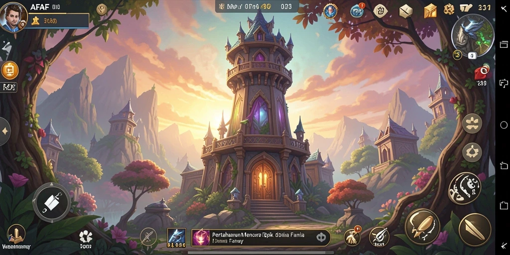 Screenshot dari gameplay AFAF yang menunjukkan menara pertahanan melawan musuh.