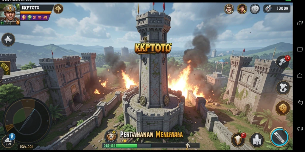 Gameplay KPKTOTO menampilkan menara dan gelombang musuh yang intens.